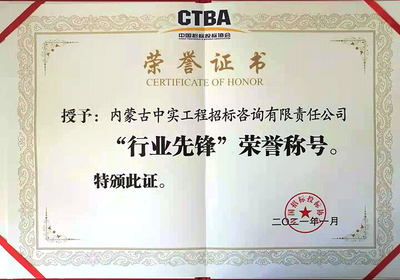 宝威在线注册招标投标协会“行业先锋”荣誉证书